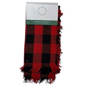 Rachel Ashwell Farmhouse Napkins Buffalo Plaid Red Black Fringe Set Of 8 Holiday